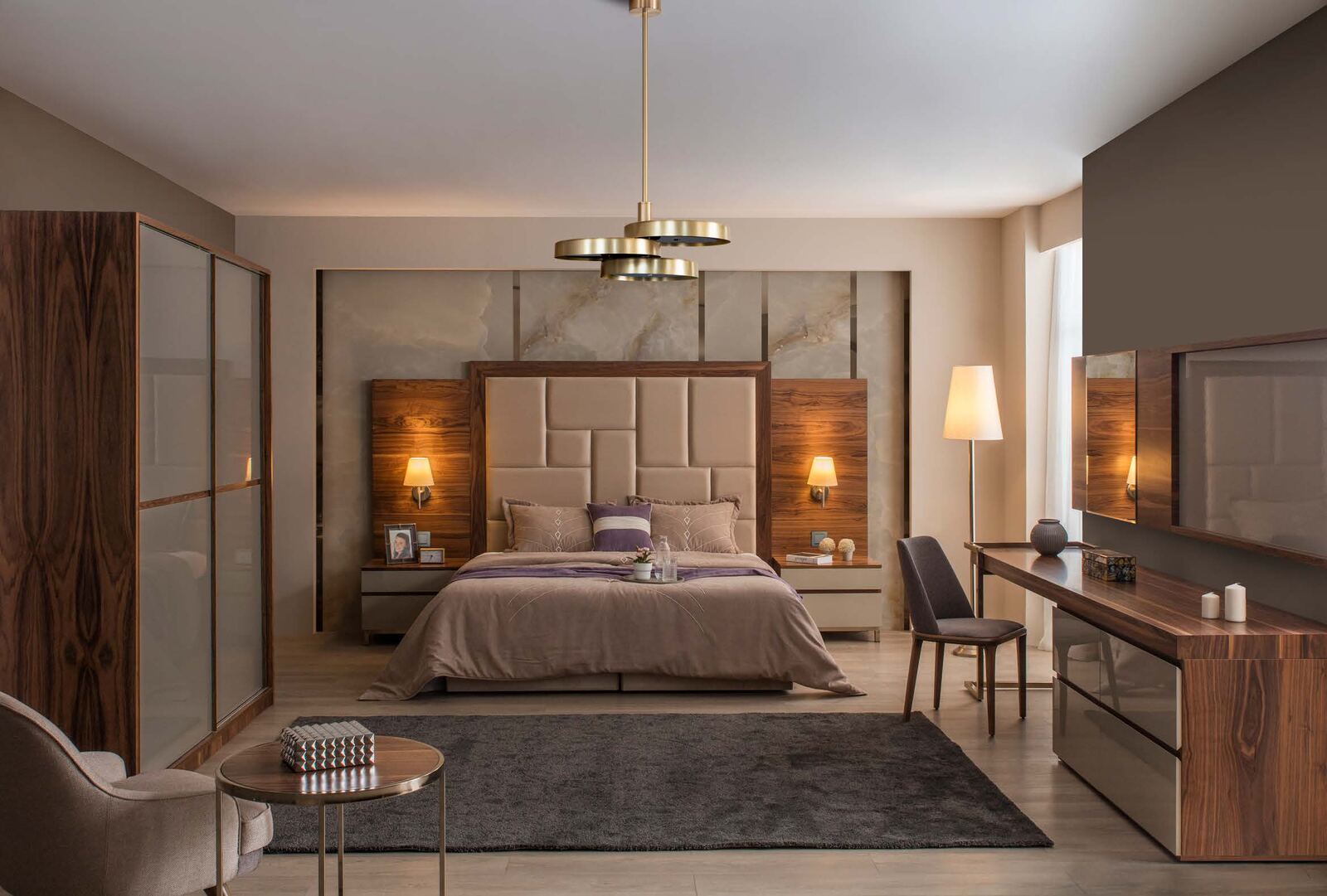 Hotelzimmer mit Doppelbett, Pendelleuchte und massgefertigter Einrichtung – Projektbeispiel