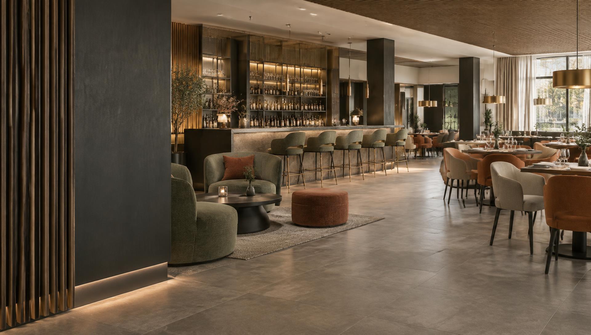 Visualisierung einer modernen Hotel-Lounge mit Restaurant, Bar und massgeschneiderter Einrichtung